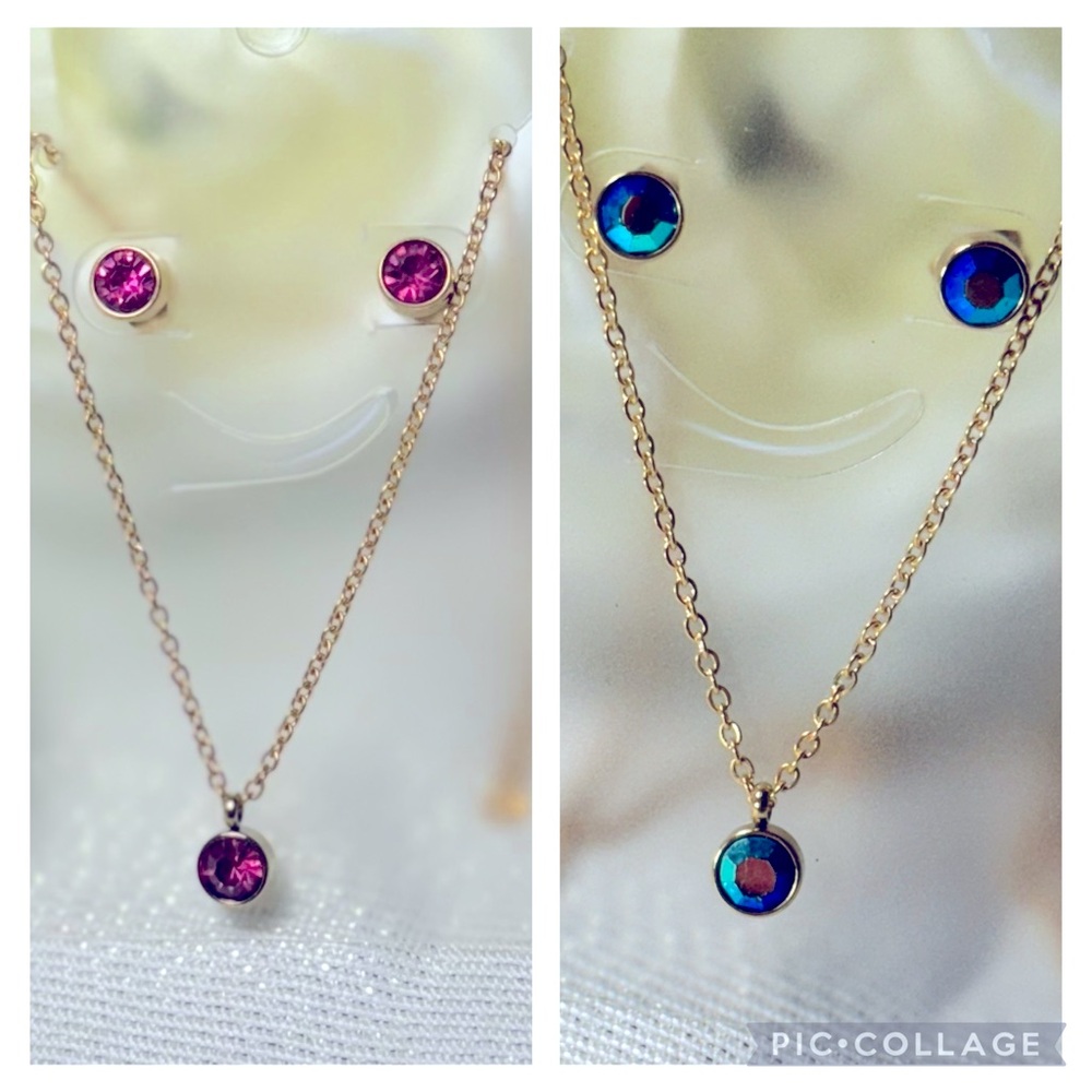 Kids Jewelry -2 Sets - Necklace with a Pink or Turquoise Gemstone with earrings.